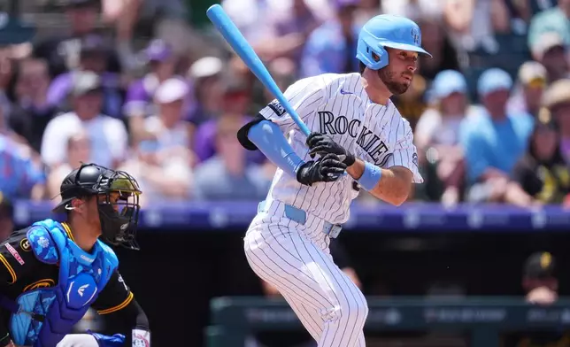 Colorado Rockies' Sterlin Thompson, right, hits an RBI ground ball off Pittsburgh Pirates starting pitcher Jared Jones in the second inning of a baseball game Sunday, June 21, 2026, in Denver. (AP Photo/David Zalubowski)
