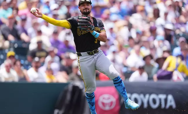 Pittsburgh Pirates third baseman Nick Gonzales throws to first base after fielding an infield single off the bat of Colorado Rockies' Tyler Freeman in the second inning of a baseball game Sunday, June 21, 2026, in Denver. (AP Photo/David Zalubowski)