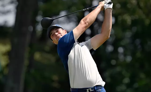 Viktor Hovland, of Norway, tees off the 18th hole during the second round of the Travelers Championship golf tournament at TPC River Highlands, Friday, June 26, 2026, in Cromwell, Conn. (AP Photo/Jessica Hill)