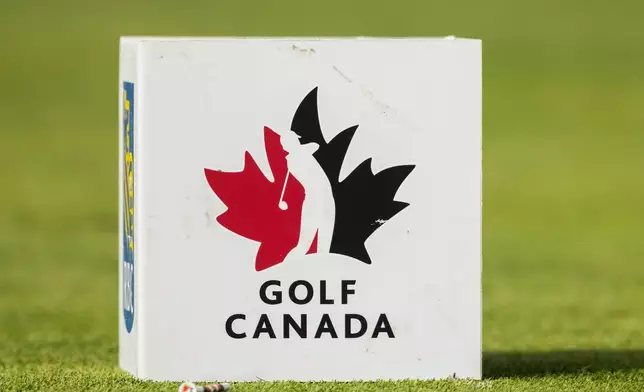 The Golf Canada logo is seen on the tee box during the second round of the RBC Canadian Open in Caledon, Ontario, on Friday, June 12, 2026. (Nick Iwanyshyn/The Canadian Press via AP)