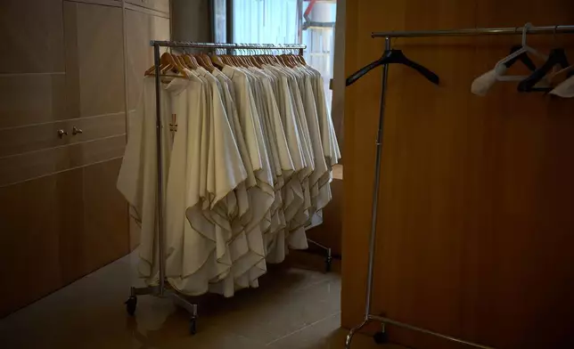 A changing room where Pope Leo XIV will vest before presiding over Mass is seen at the Sagrada Familia in Barcelona, Spain, May 15, 2026. (AP Photo/Emilio Morenatti)