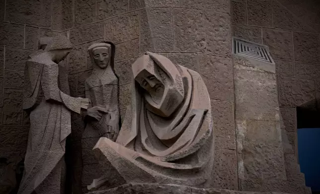 A small square-shaped labyrinth is photographed at the Passion Façade at the basilica's Sagrada Família in Barcelona, Spain, Spain, May 15, 2026. (AP Photo/Emilio Morenatti)
