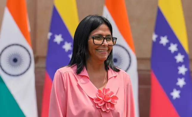 Venezuela's acting President Delcy Rodriguez arrives for a meeting with Indian Prime Minister Narendra Modi in New Delhi, India, Thursday, June 4, 2026. (AP Photo/Manish Swarup)