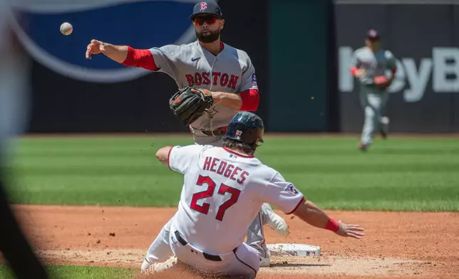 Boston Red Sox's Isiah Kiner-Falefa, top, forces out Cleveland Guardians' Austin Hedges (27) at second base and throws to first base for a double play during the second inning of a baseball game, Sunday, May 31, 2026, in Cleveland. (AP Photo/Phil Long)