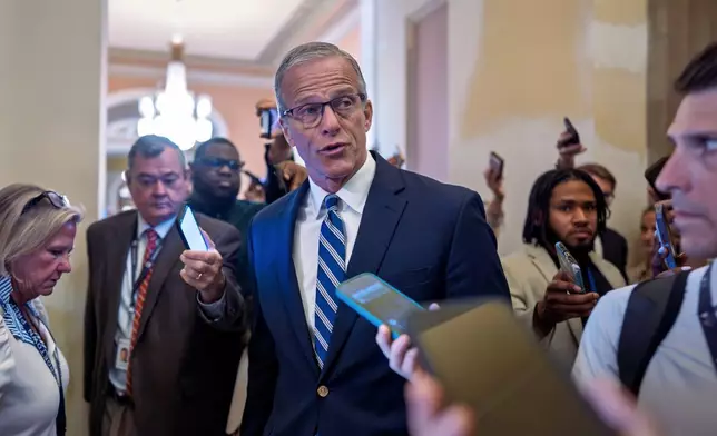 Senate Majority Leader John Thune, R-S.D., pauses for questions from reporters before votes on the immigration enforcement funding package, at the Capitol in Washington, Thursday, June 4, 2026. (AP Photo/J. Scott Applewhite)