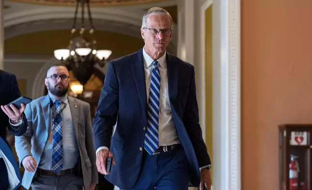 Senate Majority Leader John Thune, R-S.D., walks from the chamber to his office at the Capitol in Washington, Thursday, June 4, 2026. (AP Photo/J. Scott Applewhite)