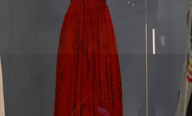 Former First Lady Michelle Obama's dresses on display at the Obama Presidential Center in Chicago, Thursday, May 28, 2026. (AP Photo/Paul Beaty)