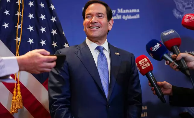 U.S. Secretary of State Marco Rubio speaks with members of the media before departing for Bahrain International Airport after his visit to the Middle East, in Manama, Bahrain Thursday, June 25, 2026. (Eric Lee/Pool Photo via AP)