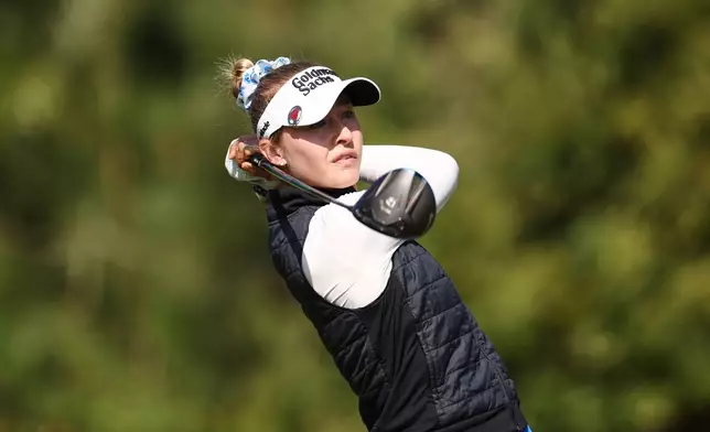 Nelly Korda hits off the 13th tee during the second round of the U.S. Women's Open golf tournament Friday, June 5, 2026, in the Pacific Palisades area of Los Angeles. (AP Photo/Jessie Alcheh)