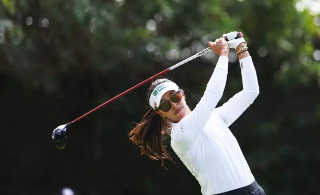 Alison Lee hits off the 11th tee during the second round of the U.S. Women's Open golf tournament Friday, June 5, 2026, in the Pacific Palisades area of Los Angeles. (AP Photo/Jessie Alcheh)