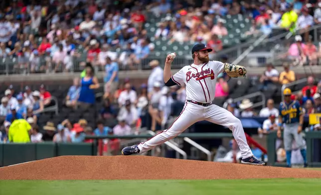 Atlanta Braves pitcher Bryce Elder throws the first pitch of a baseball game against the Milwaukee Brewers, Sunday, June 21, 2026, in Atlanta. (AP Photo/Erik Rank)