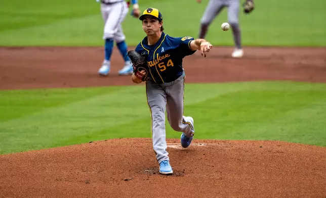 Milwaukee Brewers pitcher Robert Gasser (54) throws during the first inning of a baseball game against the Atlanta Braves, Sunday, June 21, 2026, in Atlanta. (AP Photo/Erik Rank)