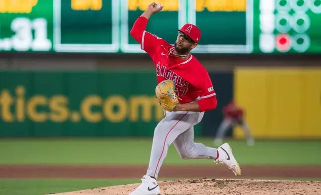 Los Angeles Angels pitcher Walbert Ureña throws during the fifth inning of a baseball game against the Athletics in West Sacramento, Calif., Saturday, June 20, 2026. (AP Photo/Nic Coury)