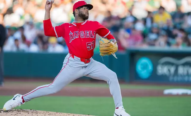 Los Angeles Angels pitcher Walbert Ureña throws during the first inning of a baseball game against the Athletics in West Sacramento, Calif., Saturday, June 20, 2026. (AP Photo/Nic Coury)