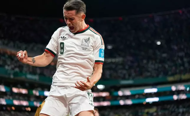 Mexico's Alvaro Fidalgo celebrates scoring his side's third goal against Czechia during a World Cup Group A soccer match in Mexico City, Wednesday, June 24, 2026. (AP Photo/Silvia Izquierdo)