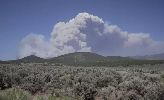 A plume of smoke rises from the Cottonwood Fire, Friday, June 26, 2026, near Beaver, Utah. (AP Photo/Ty ONeil)