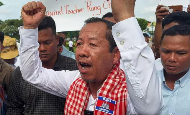 Rong Chhun, a top adviser to the Nation Power Party and a prominent opposition politician, stands with supporters outside Cambodia's Supreme Court in Phnom Penh, Friday, June 19, 2026. (AP Photo/Sopheng Cheang)