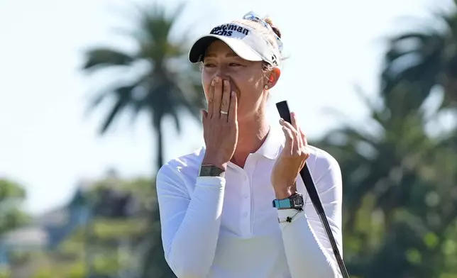 Nelly Korda reacts after winning the U.S. Women's Open golf tournament Sunday, June 7, 2026, in the Pacific Palisades area of Los Angeles. (AP Photo/Ashley Landis)