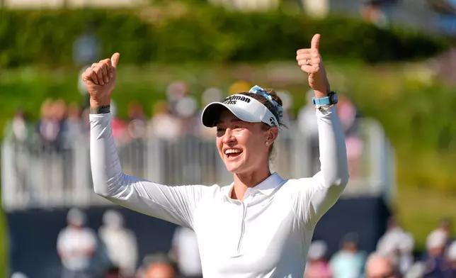 Nelly Korda celebrates after winning the U.S. Women's Open golf tournament Sunday, June 7, 2026, in the Pacific Palisades area of Los Angeles. (AP Photo/Ashley Landis)