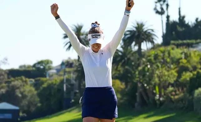 Nelly Korda reacts after winning the U.S. Women's Open golf tournament Sunday, June 7, 2026, in the Pacific Palisades area of Los Angeles. (AP Photo/Ashley Landis)