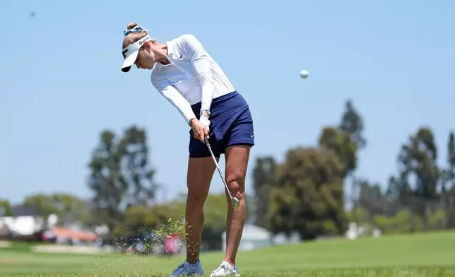 Nelly Korda hits on the third hole during the final round of the U.S. Women's Open golf tournament Sunday, June 7, 2026, in the Pacific Palisades area of Los Angeles. (AP Photo/Ashley Landis)
