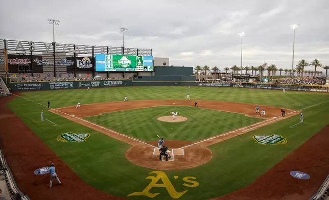 The Milwaukee Brewers face off against the Athletics during the first inning of a baseball game Monday, June 8, 2026, in Las Vegas. (AP Photo/Caroline Brehman)