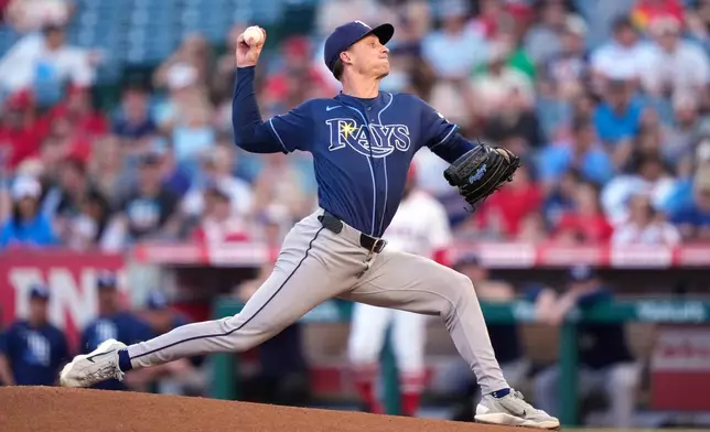 Tampa Bay Rays starting pitcher Griffin Jax throws to the plate during the first inning of a baseball game against the Los Angeles Angels, Saturday, June 13, 2026, in Anaheim, Calif. (AP Photo/Mark J. Terrill)