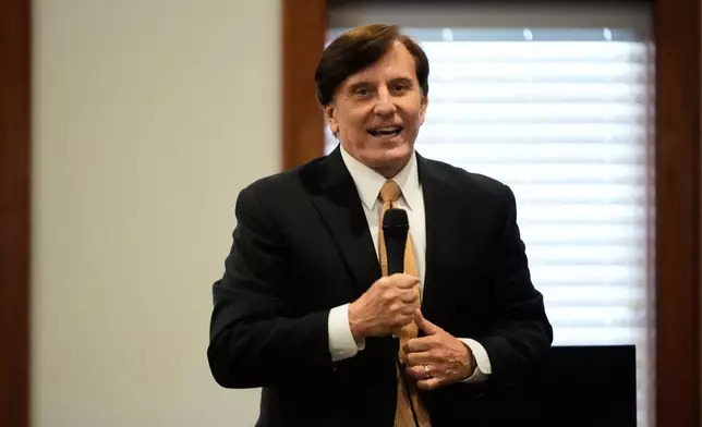 FILE - U.S. Senate candidate, current Louisiana treasurer and former U.S. Representative (R-La.) John Fleming, speaks in Baton Rouge, La., May 12, 2026. (AP Photo/Gerald Herbert, File)