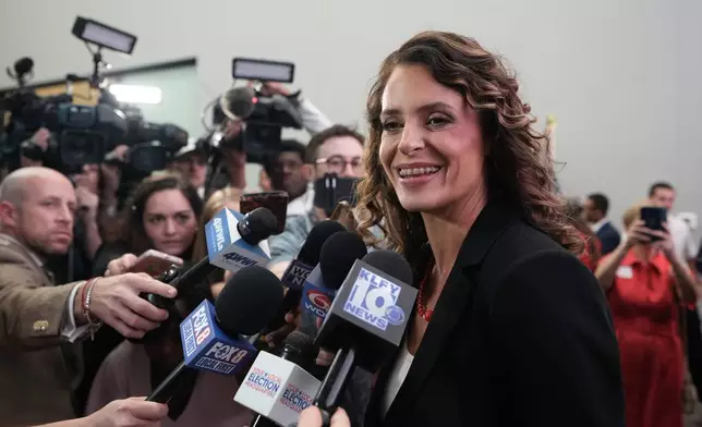 FILE - U.S. Senate candidate Rep. Julia Letlow, R-La., speaks to media during an election night watch party, May 16, 2026, in Baton Rouge, La. (AP Photo/Matthew Hinton, File)