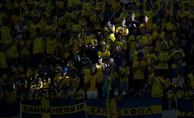 Sweden fans look on during the World Cup Group F soccer match between Japan and Sweden in Arlington, Texas, near Dallas, Thursday, June 25, 2026. (AP Photo/Jessica Tobias)