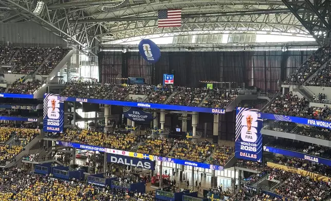 Curtains go up in the west end of Dallas Stadium during the World Cup Group F soccer match between Japan and Sweden in Arlington, Texas, near Dallas, Thursday, June 25, 2026. (AP Photo/Jamie Stengle)