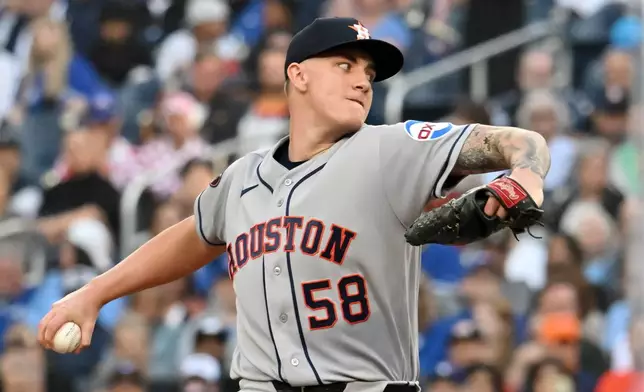 Houston Astros pitcher Hunter Brown throws to a Toronto Blue Jays batter during the first inning of a baseball game in Toronto, Monday, June 22, 2026. (Jon Blacker/The Canadian Press via AP)