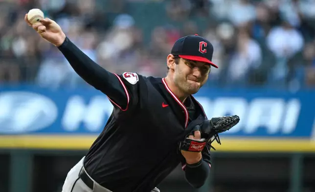 Cleveland Guardians pitcher Gavin Williams delivers during the first inning of a baseball game against the Chicago White Sox, Monday, June 22, 2026, in Chicago. (AP Photo/Matt Marton)