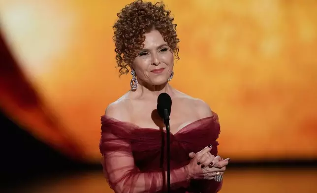 Bernadette Peters speaks during the 79th Tony Awards on Sunday, June 7, 2026, at Radio City Music Hall in New York. (Photo by Charles Sykes/Invision/AP)