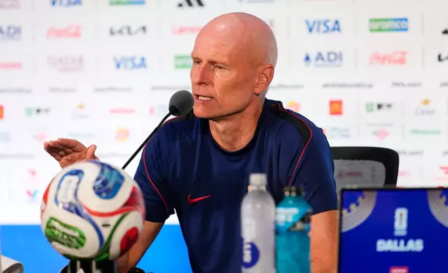 Norway head coach Stale Solbakken responds to a question during a news conference in Arlington, Texas, Monday, June 29, 2026, ahead of his team's World Cup soccer match against Ivory Coast. (AP Photo/Tony Gutierrez)