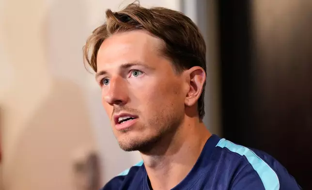 Norway's Sander Berge responds to questions during a news conference before a training session in Dallas, Monday, June 29, 2026, ahead of his team's FIFA World Cup match against the Ivory Coast. (AP Photo/Tony Gutierrez)