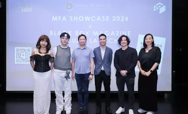MFA student hosts (first and second from the left) with Professor Tong King Lee (Head of School) (third from the left), Dr. Antony Huen (third from the right), Matthew Wong Foreman (second from the right), and Joyce Yung (first from the right). Photo by the HKU School of English