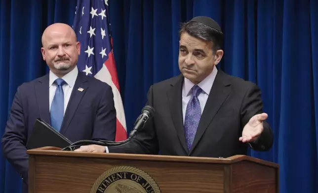 U.S. Attorney Daniel Rosen and Homeland Security Investigations Special Agent in Charge Michael McCarthy announced charges against fifteen people for conspiring to interfere and injure federal immigration agents during Operation Metro Surge on Tuesday, June 16, 2026 in Minneapolis, Minn. (AP Photo/Mark Vancleave)