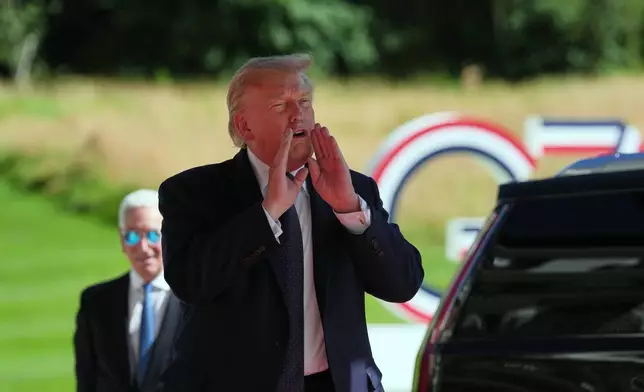 U.S. President Donald Trump arrives for the G7 summit in Evian-les-Bains, France, Monday, June 15, 2026. (AP Photo/Thibault Camus)
