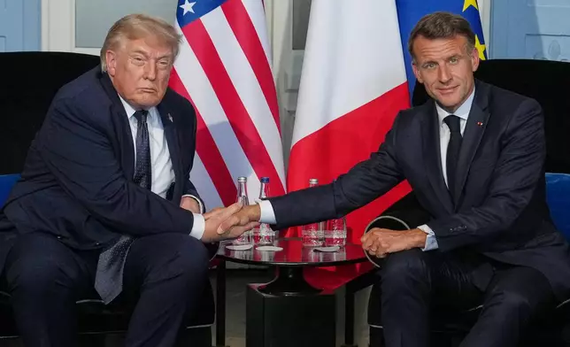 President Donald Trump meets with French President Emmanuel Macron during a bilateral meeting on the sidelines of the G7 summit, Monday, June 15, 2026, in Evian-les-Bains, France. (AP Photo/Julia Demaree Nikhinson)