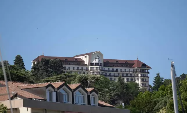 A view of the Hotel Royal where leaders will meet, ahead of the G7 summit in Evian-les-Bains, France, Monday, June 15, 2026. (AP Photo/Christophe Ena)