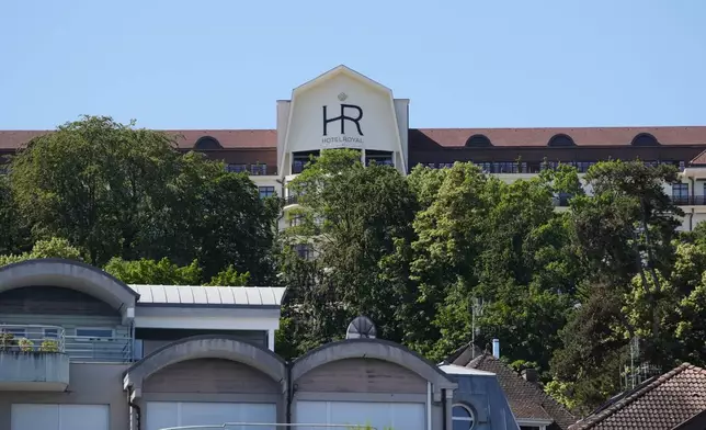 A view of the Hotel Royal where leaders will meet, ahead of the G7 summit in Evian-les-Bains, France, Monday, June 15, 2026. (AP Photo/Christophe Ena)