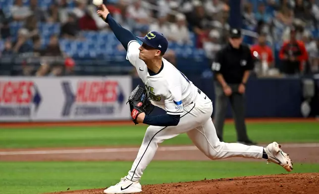Tampa Bay Rays pitcher Griffin Jax throws during the first inning of a baseball game against the Washington Nationals Friday, June 19, 2026, in St. Petersburg, Fla. (AP Photo/Jason Behnken)
