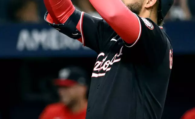 Washington Nationals Luis García Jr. celebrates after his home run during the third inning of a baseball game against the Tampa Bay Rays Friday, June 19, 2026, in St. Petersburg, Fla. (AP Photo/Jason Behnken)