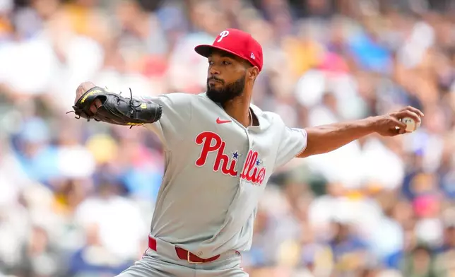 Philadelphia Phillies pitcher Cristopher Sánchez throws during the second inning of a baseball game against the Milwaukee Brewers, Sunday, June 14, 2026, in Milwaukee. (AP Photo/Kayla Wolf)
