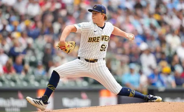 Milwaukee Brewers pitcher Kyle Harrison throws during the first inning of a baseball game against the Philadelphia Phillies Sunday, June 14, 2026, in Milwaukee. (AP Photo/Kayla Wolf)