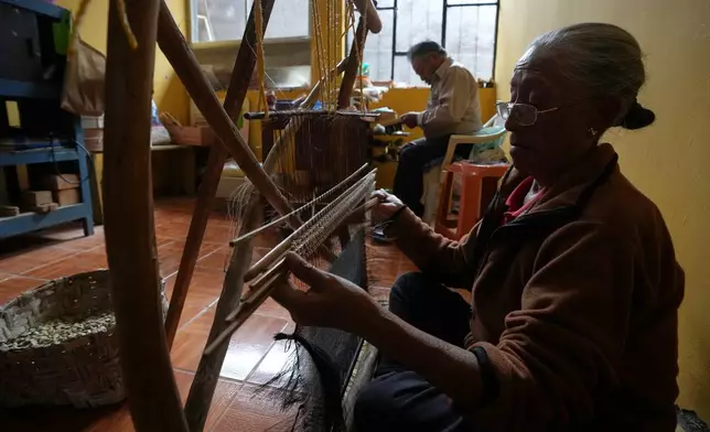 Ligia Ipiales weaves horsehair sieves, a mesh known as a “cedazo,” in Guangopolo, Ecuador, Wednesday, June 3, 2026. (AP Photo/Dolores Ochoa)