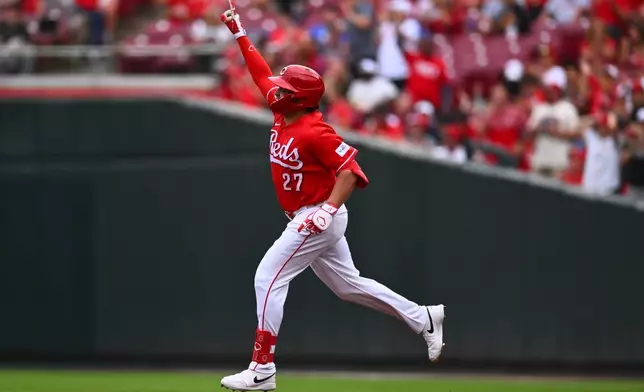 Cincinnati Reds' Sal Stewart runs the bases after hitting a three-run home run during the first inning of a baseball game against the New York Mets in Cincinnati, Tuesday, June 16, 2026. (AP Photo/Ben Jackson)