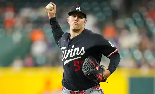 Minnesota Twins starting pitcher Zebby Matthews delivers during the first inning of a baseball game against the Houston Astros in Houston, Monday, June 29, 2026. (AP Photo/Jon Shapley)