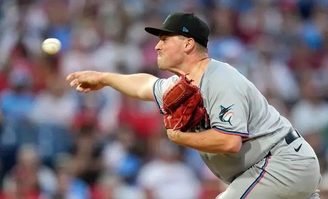 Miami Marlins' William Kempner pitches during the fifth inning of a baseball game against the Philadelphia Phillies Monday, June 15, 2026, in Philadelphia. (AP Photo/Matt Slocum)
